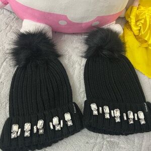 bebe Black Beanie with Rhinestones and Pom-Pom